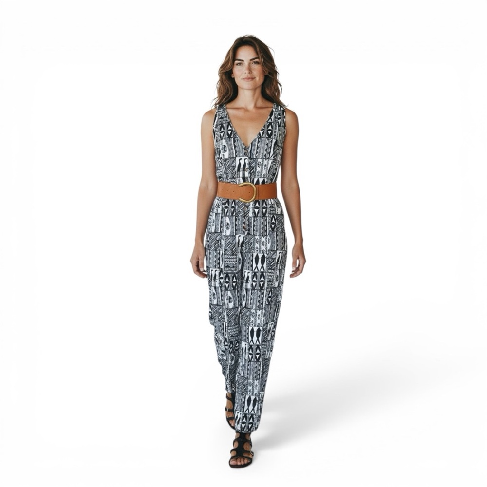 The Odells Black White Tribal Print Jumpsuit Sz Small Button Front Wide Leg Boho